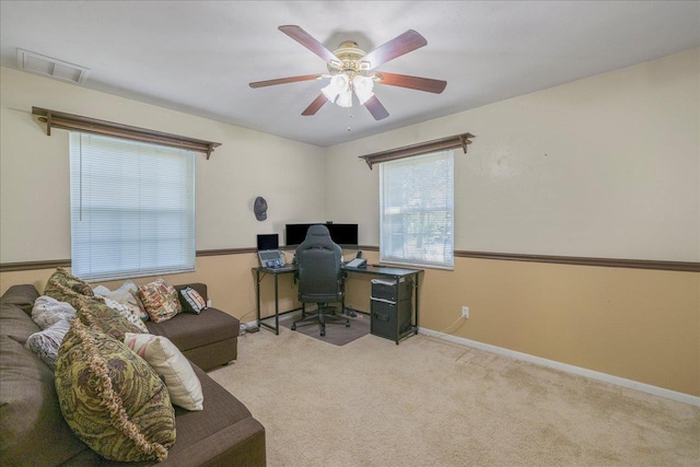 3822 Leane Dr, Tallahassee, FL 32309 - home office with ceiling fan, carpet flooring, and baseboards