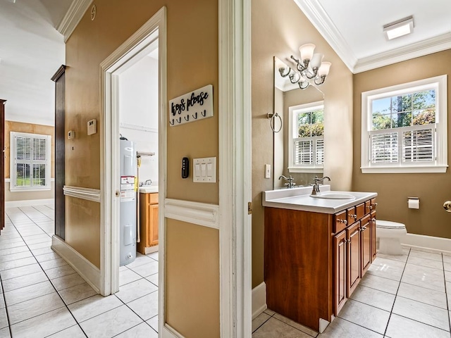 bathroom with ornamental molding, vanity, water heater, tile patterned flooring, and toilet