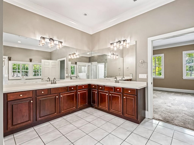 bathroom with vanity, tile patterned floors, and ornamental molding