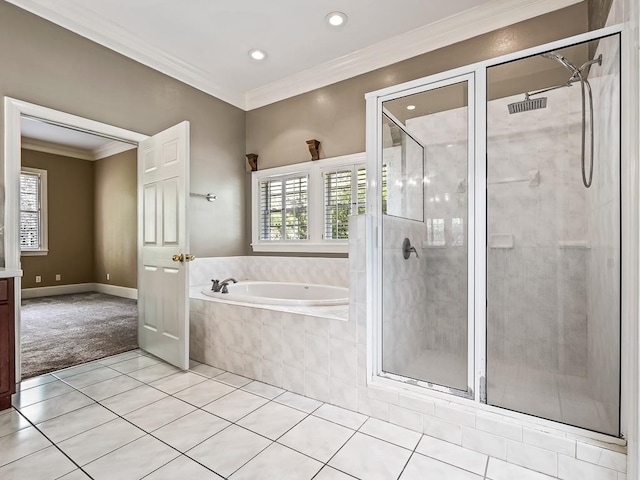 bathroom featuring tile patterned flooring, plus walk in shower, and crown molding