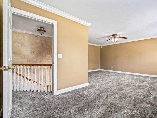 unfurnished room with ceiling fan, carpet flooring, and ornamental molding