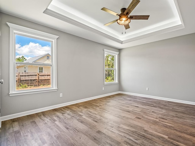 1666 Landing St, Carrabelle, FL 32322 - spare room featuring a tray ceiling, wood finished floors, a ceiling fan, and baseboards