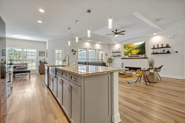 323 Carr Ln, Tallahassee, FL 32312 - kitchen with gray cabinets, light wood-style flooring, a sink, a lit fireplace, and recessed lighting