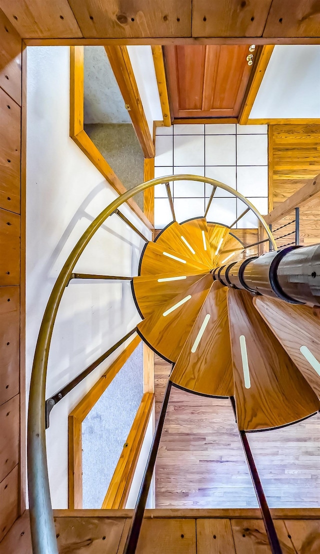 room details with hardwood / wood-style flooring and wooden walls