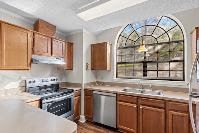 kitchen with sink, dark wood-type flooring, crown molding, a textured ceiling, and appliances with stainless steel finishes