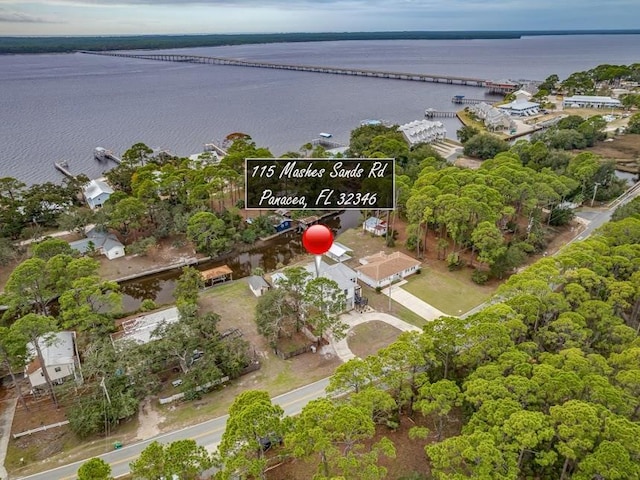 birds eye view of property featuring a water view