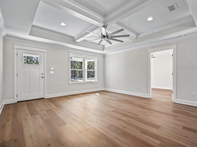 entryway with crown molding, ceiling fan, beam ceiling, coffered ceiling, and light hardwood / wood-style floors