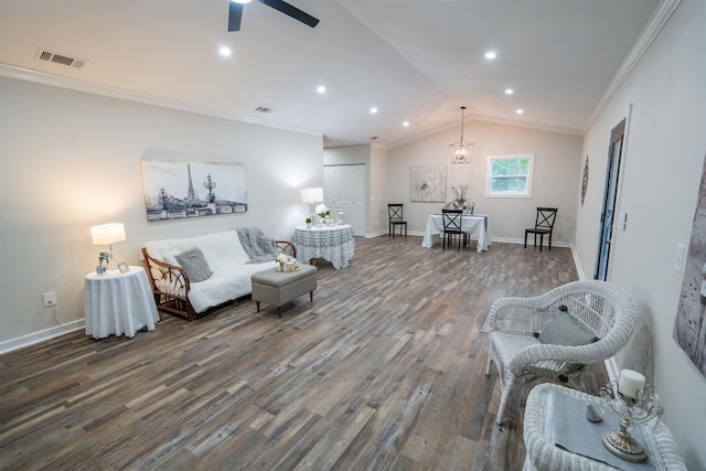 living room featuring ceiling fan, lofted ceiling, dark wood-type flooring, and ornamental molding