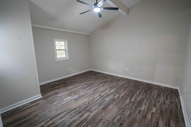 spare room featuring vaulted ceiling with beams, ceiling fan, and dark wood-type flooring