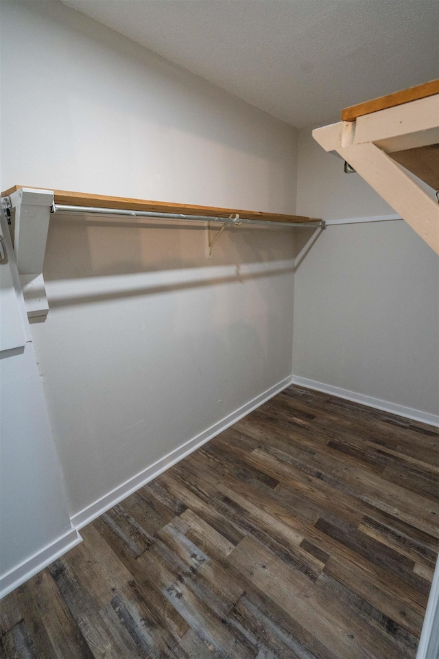 walk in closet with dark wood-type flooring