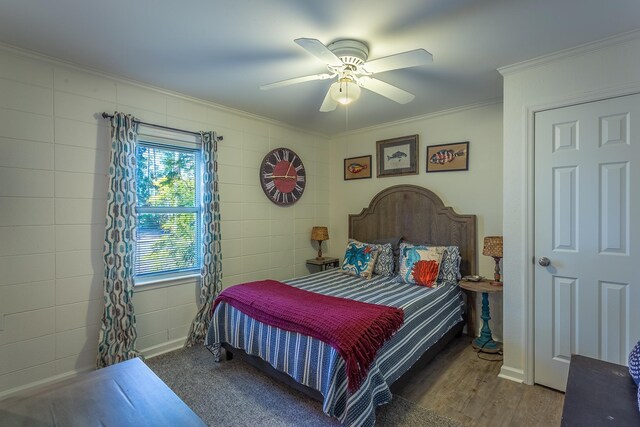2433 Surf Rd, Panacea, FL 32346 - bedroom with crown molding, a ceiling fan, and wood finished floors
