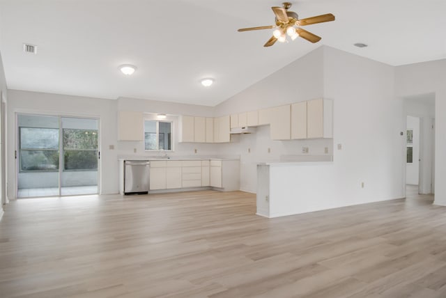 kitchen featuring white cabinets, sink, dishwasher, and light wood-type flooring