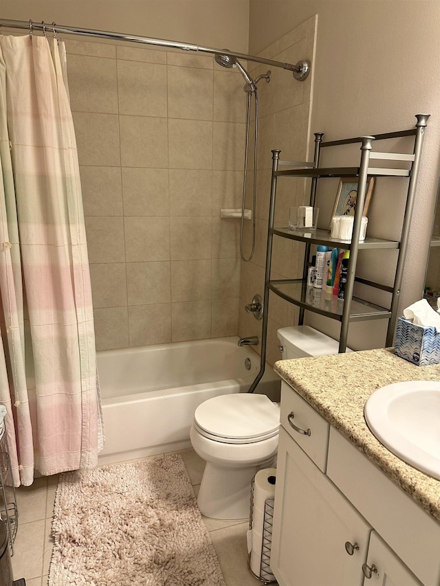 full bathroom with shower / bath combination with curtain, vanity, tile patterned floors, and toilet