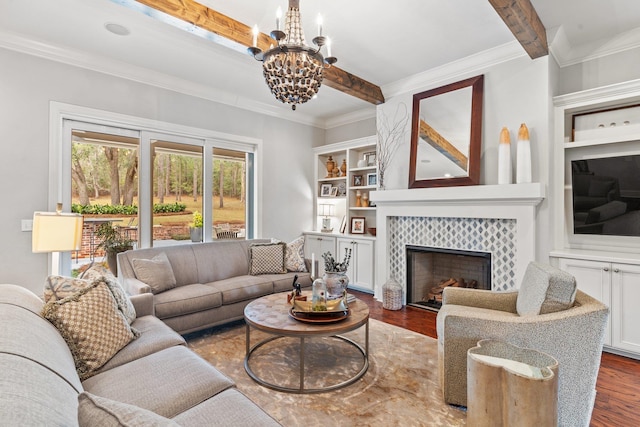 living room featuring beamed ceiling, ornamental molding, and dark hardwood / wood-style flooring