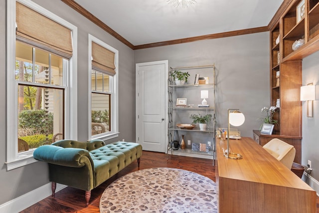 office with crown molding and dark wood-type flooring