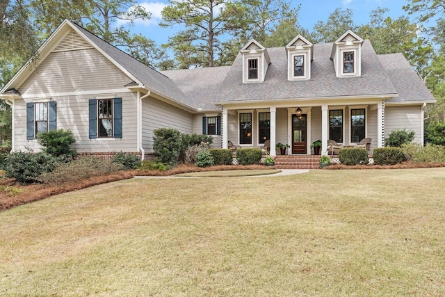 new england style home featuring a front yard and covered porch