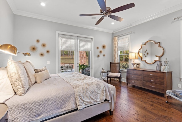 bedroom with multiple windows, crown molding, access to exterior, and dark hardwood / wood-style flooring