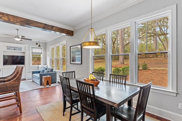 dining area featuring hardwood / wood-style floors, ornamental molding, and ceiling fan