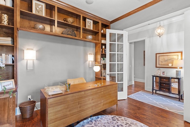 office area featuring ornamental molding, dark hardwood / wood-style floors, and french doors