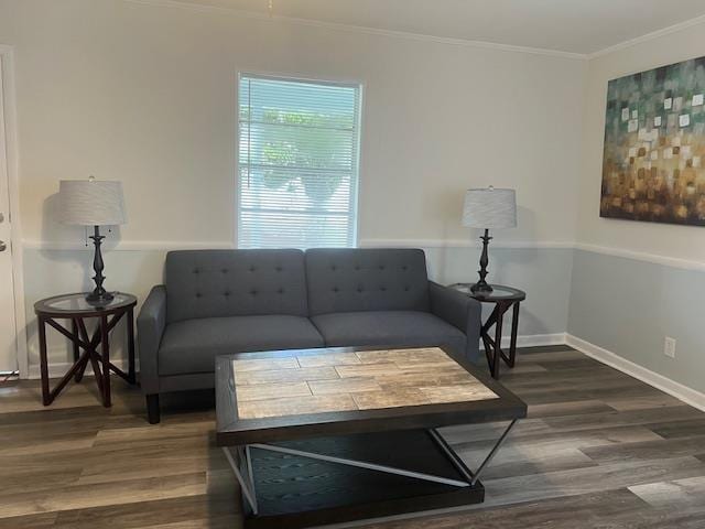 living room featuring baseboards, dark wood-style floors, and crown molding