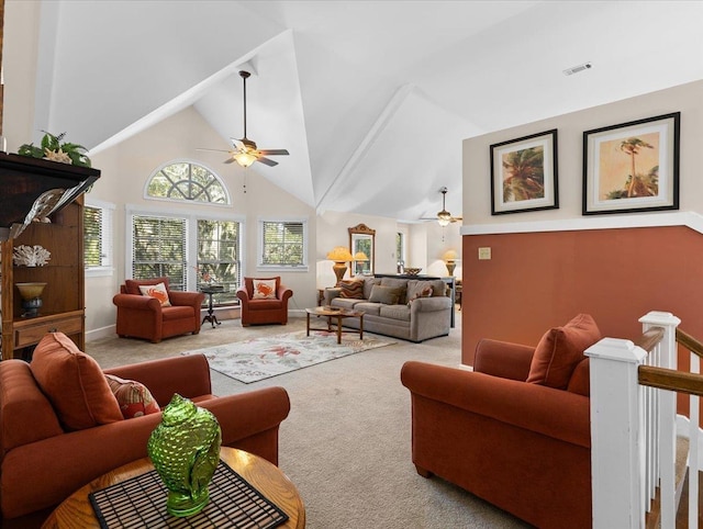 233 NE Maggie Cir, Steinhatchee, FL 32359 - carpeted living area with ceiling fan, high vaulted ceiling, and baseboards