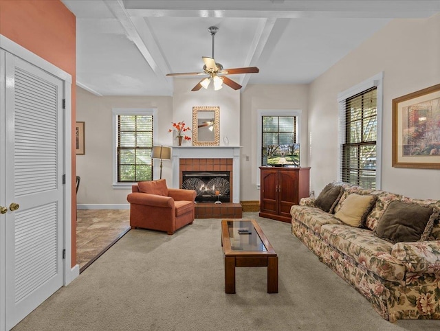 233 NE Maggie Cir, Steinhatchee, FL 32359 - living room featuring carpet, plenty of natural light, ceiling fan, and beamed ceiling