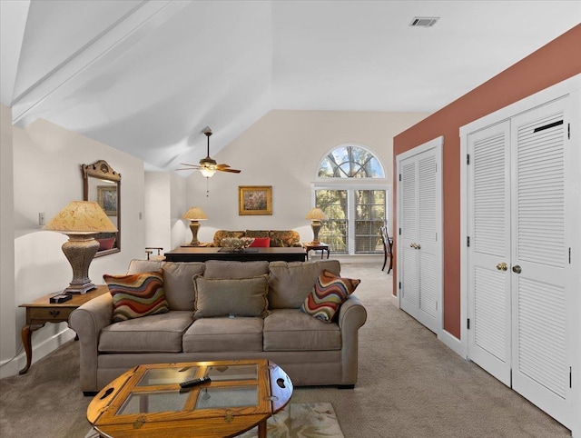 233 NE Maggie Cir, Steinhatchee, FL 32359 - living area featuring carpet floors, vaulted ceiling, and a ceiling fan