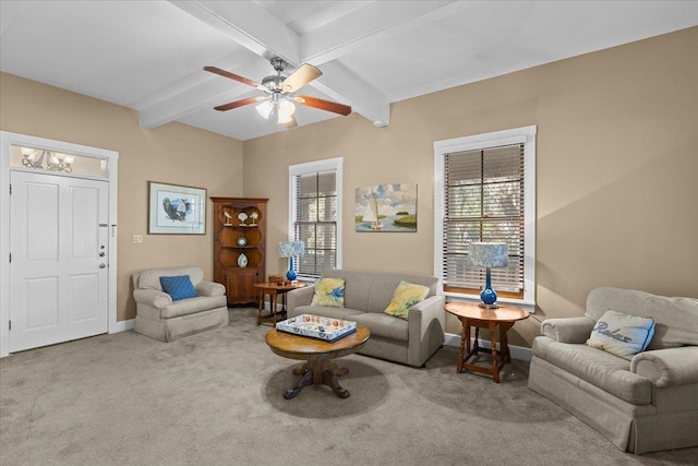 233 NE Maggie Cir, Steinhatchee, FL 32359 - living area featuring baseboards, carpet, beamed ceiling, and ceiling fan