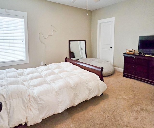 bedroom with light carpet