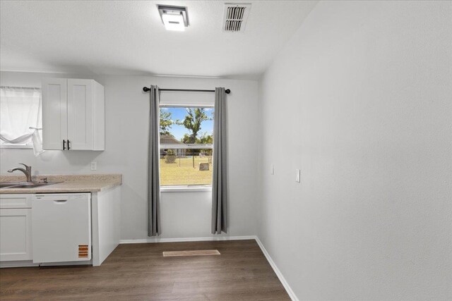 603 W Ash St, Perry, FL 32347 - kitchen with white dishwasher, a sink, dark wood-style flooring, white cabinetry, and light countertops