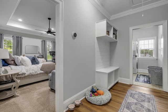 3325 Mariana Oaks Dr, Tallahassee, FL 32311 - mudroom featuring attic access, ornamental molding, ceiling fan, healthy amount of natural light, and wood finished floors