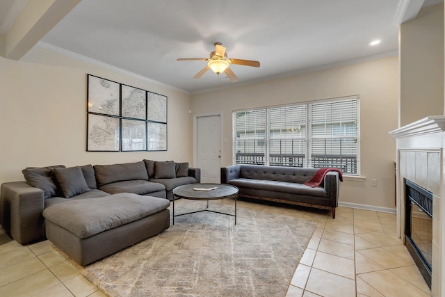 1320 Hendrix Rd Unit 403, Tallahassee, FL 32301 - living room featuring plenty of natural light, light tile patterned floors, a ceiling fan, ornamental molding, and a fireplace