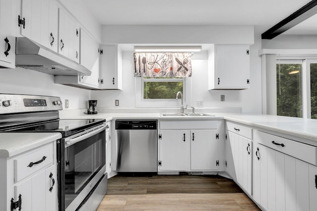 2121 Shadyoaks Dr, Tallahassee, FL 32303 - kitchen featuring stainless steel appliances, under cabinet range hood, light wood finished floors, and white cabinets