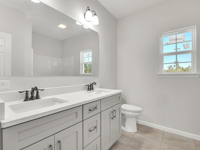 bathroom with tile patterned flooring, vanity, and toilet