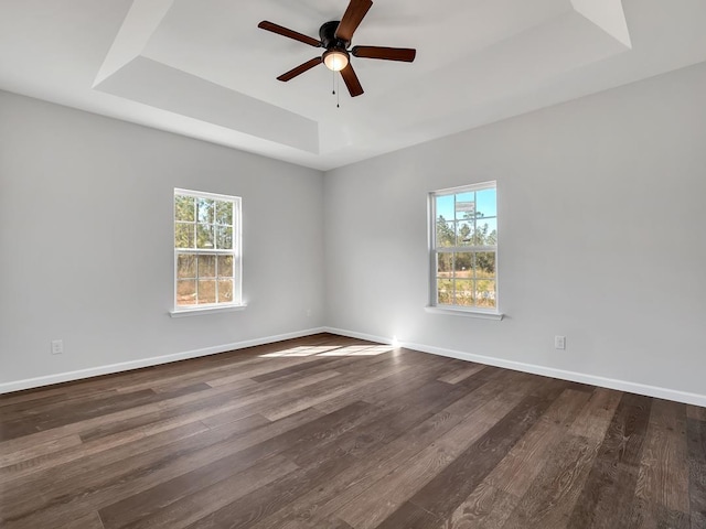 empty room featuring dark wood-type flooring, a raised ceiling, and a healthy amount of sunlight