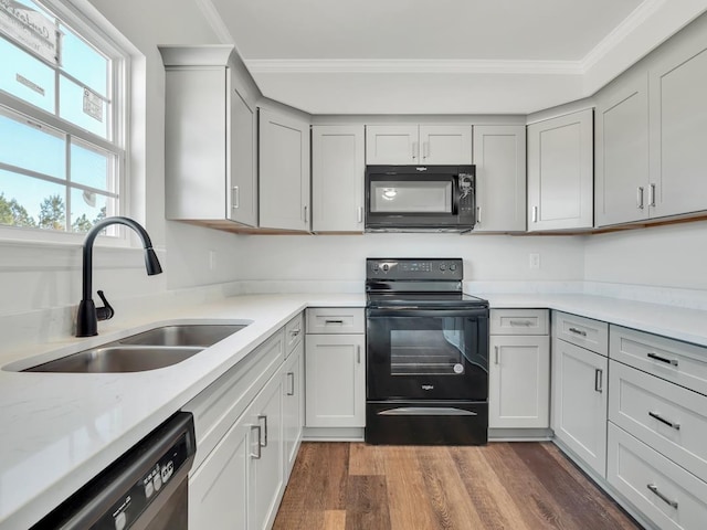 kitchen with gray cabinetry, black appliances, crown molding, sink, and dark hardwood / wood-style flooring