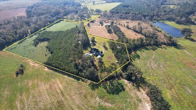 1165 Dills Rd, Monticello, FL 32344 - overview of rural landscape with property boundaries highlighted and a nearby body of water