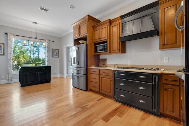 1165 Dills Rd, Monticello, FL 32344 - kitchen featuring stainless steel appliances, custom exhaust hood, brown cabinets, light countertops, and crown molding