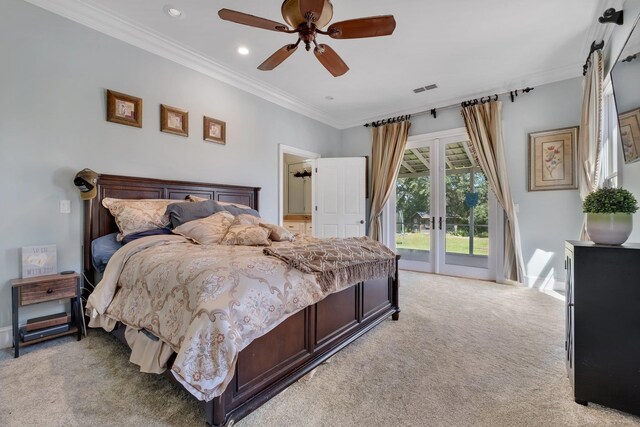 1165 Dills Rd, Monticello, FL 32344 - bedroom with light colored carpet, access to outside, ornamental molding, recessed lighting, and a ceiling fan