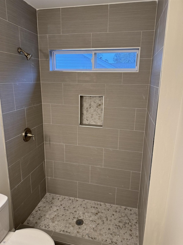 bathroom with a shower stall and toilet