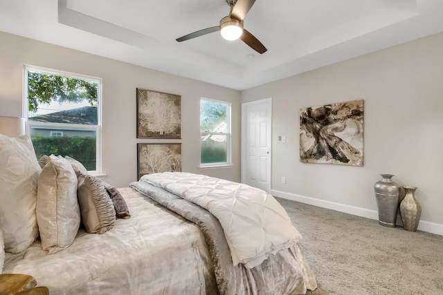 bedroom featuring a tray ceiling, baseboards, carpet, and multiple windows