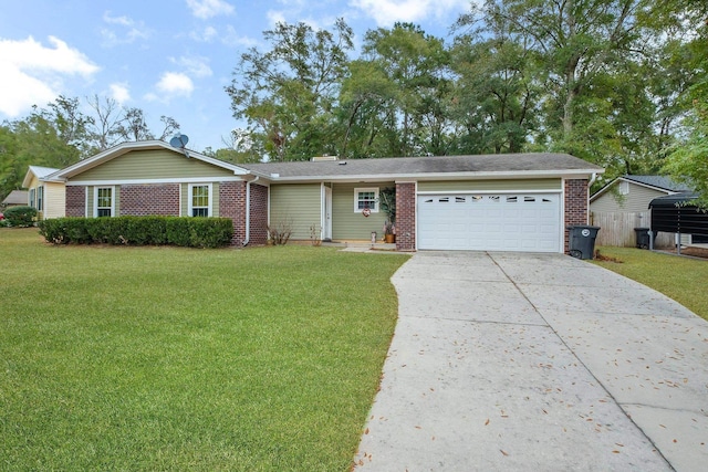 ranch-style house featuring a garage and a front lawn