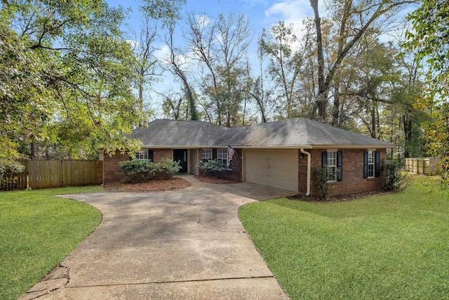 ranch-style house with a garage and a front yard