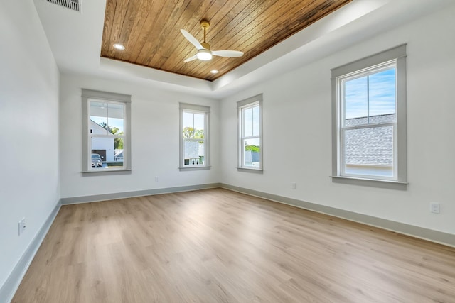 unfurnished room with light hardwood / wood-style floors, a raised ceiling, ceiling fan, and wood ceiling