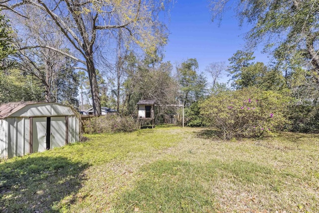 view of yard with an outdoor structure and a storage unit