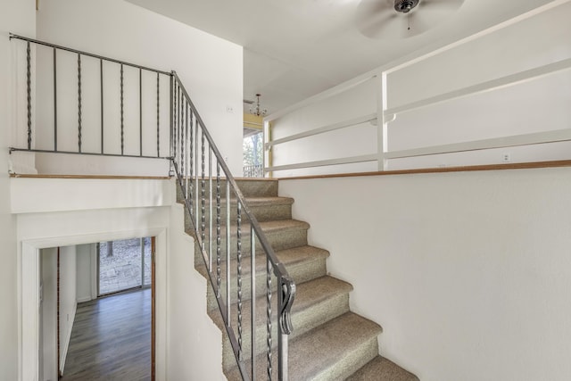 staircase featuring ceiling fan and wood finished floors