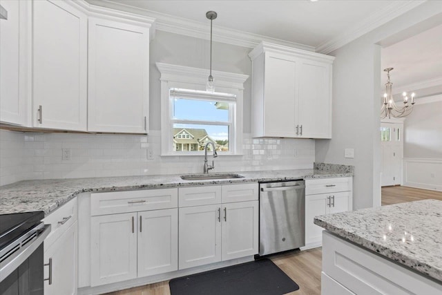 kitchen with light hardwood / wood-style floors, sink, tasteful backsplash, stainless steel dishwasher, and white cabinets