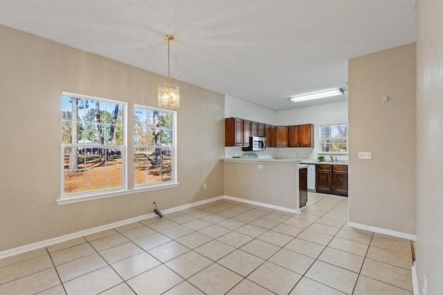 kitchen featuring sink, hanging light fixtures, white dishwasher, a notable chandelier, and kitchen peninsula