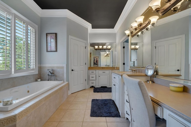 full bath featuring a notable chandelier, ornamental molding, vanity, tile patterned flooring, and a tub with jets