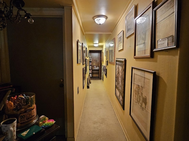 corridor with ornamental molding and light carpet